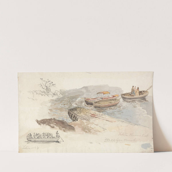 A Canopied Boat and Two Rowing Boats at a Jetty; Inset Left, a Pencil Study of the Tintern Livestock Ferry-boat by James Ward