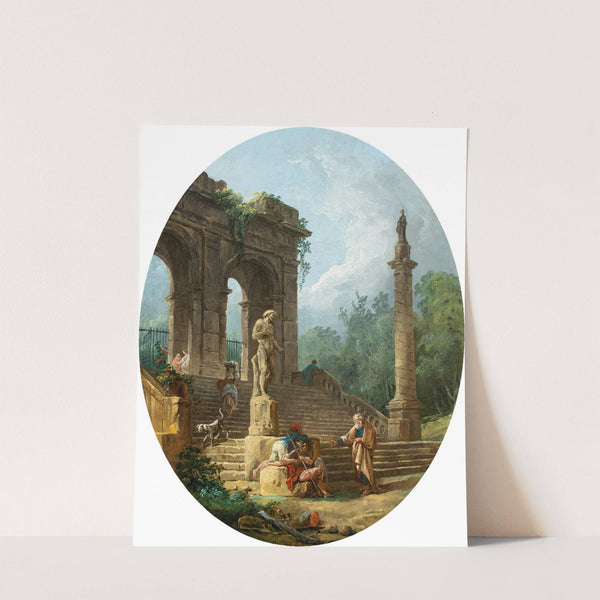 A capriccio of a classical arcade and a column with figures conversing before a statue (1778) by Hubert Robert