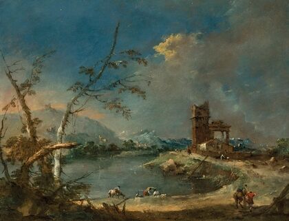 A capriccio of a rustic tower beside a lake