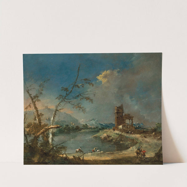 A capriccio of a rustic tower beside a lake by Francesco Guardi