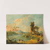 A capriccio of a rustic tower beside a lake, with mountains beyond by Francesco Guardi