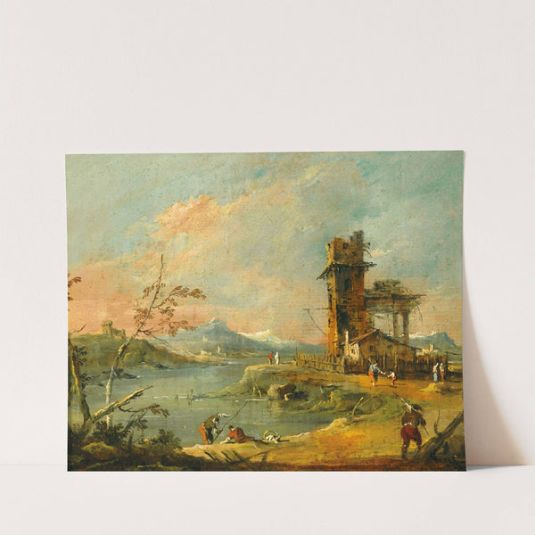 A capriccio of a rustic tower beside a lake, with mountains beyond by Francesco Guardi