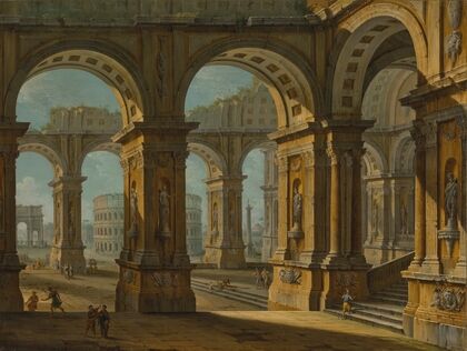 A capriccio of Rome with the Colusseum and Arch of Titus