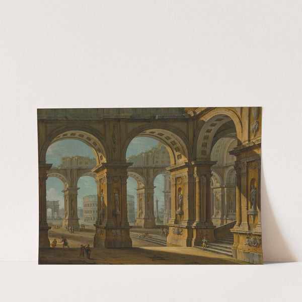 A capriccio of Rome with the Colusseum and Arch of Titus by Antonio Joli
