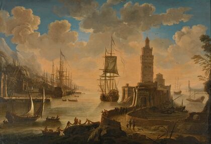 A Capriccio Of Shipping In A Mediterranean Harbour, With Fishermen Unloading Their Boat In The Foreground — size preview