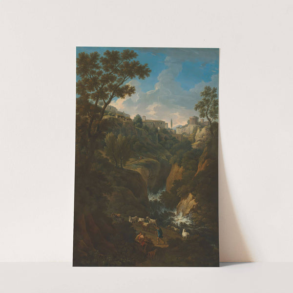 A capriccio of Tivoli with a waterfall and shepherds by Jan Frans Van Bloemen