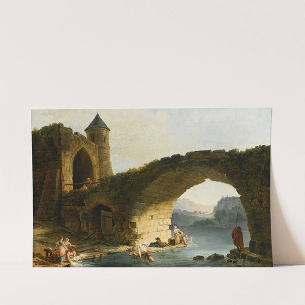 A Capriccio River Landscape With Washerwomen Near A Ruined Bridge by Hubert Robert