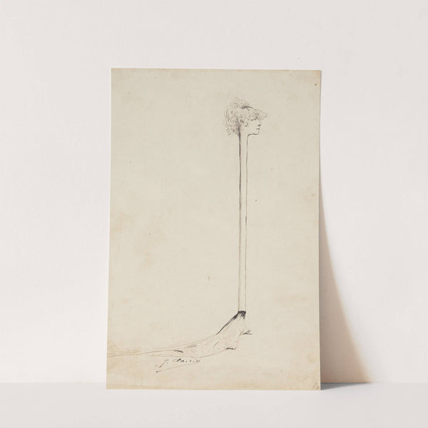 A caricature of Sarah Bernhardt  as a stick with a little sponge above her head by Georges Jules Victor Clairin