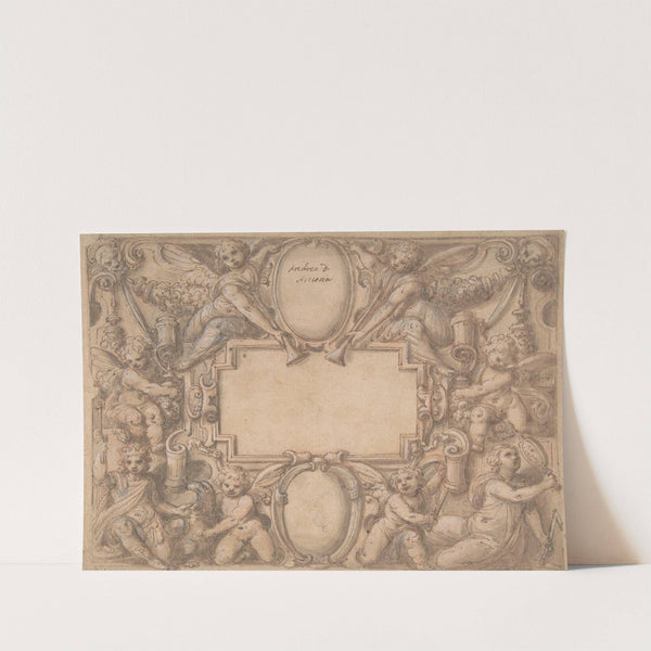 A Cartouche and Two Shields Surrounded by Allegorical Figures. by Andrea Lilio