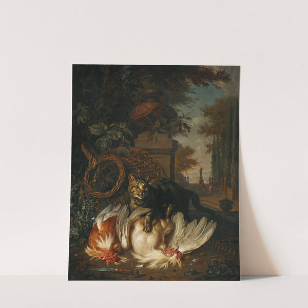 A cat attacking chickens by a basket, a rake and a knife by Dirk Valkenburg