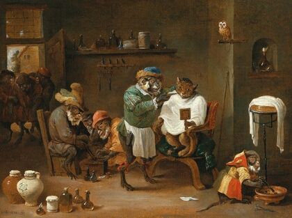 A cat in a barber shop, run by monkeys