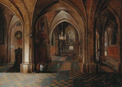 A church interior by night