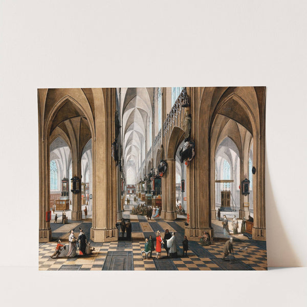 A church interior with elegant figures strolling and figures attending mass by Pieter Neeffs the Elder