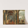 A classical arcade with elegant figures, a city view to the right by Bartholomeus van Bassen