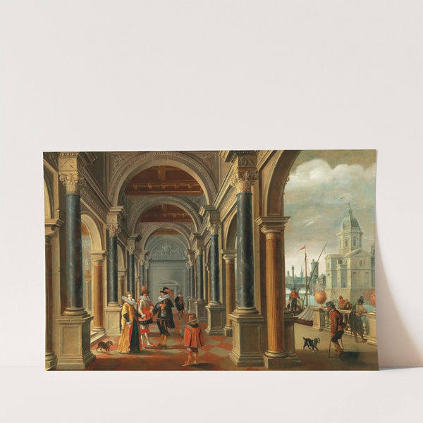A classical arcade with elegant figures, a city view to the right by Bartholomeus van Bassen