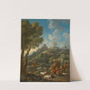 A classical Italianate landscape with a shepherd and his flock, other figures and a hilltop town beyond by Jan Frans Van Bloemen