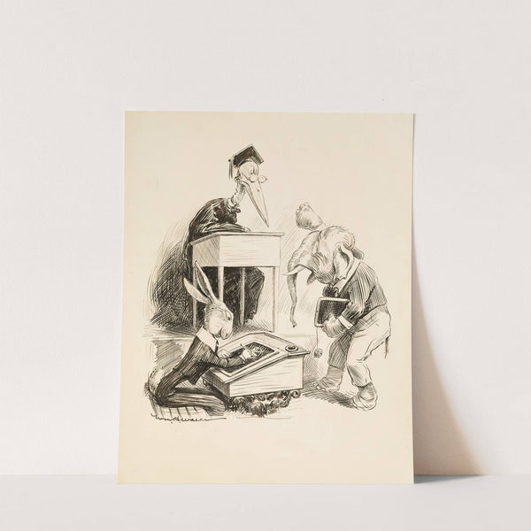 A classroom. The teacher, a stork, is angry at one of his students, an elephant (1908) by William Henry Walker