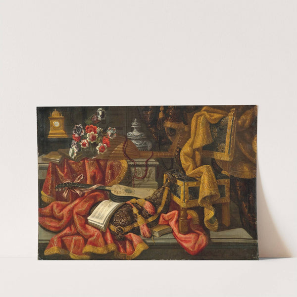 A clock, a vase of flowers, a lute, a guitar, a sheet of music, a chair, and drapes by Antonio Tibaldi