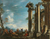 A coastal landscape with figures by a classical ruin