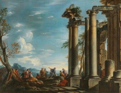 A coastal landscape with figures by a classical ruin