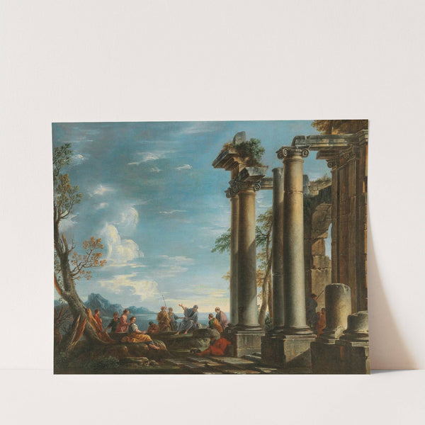 A coastal landscape with figures by a classical ruin by Giovanni Ghisolfi