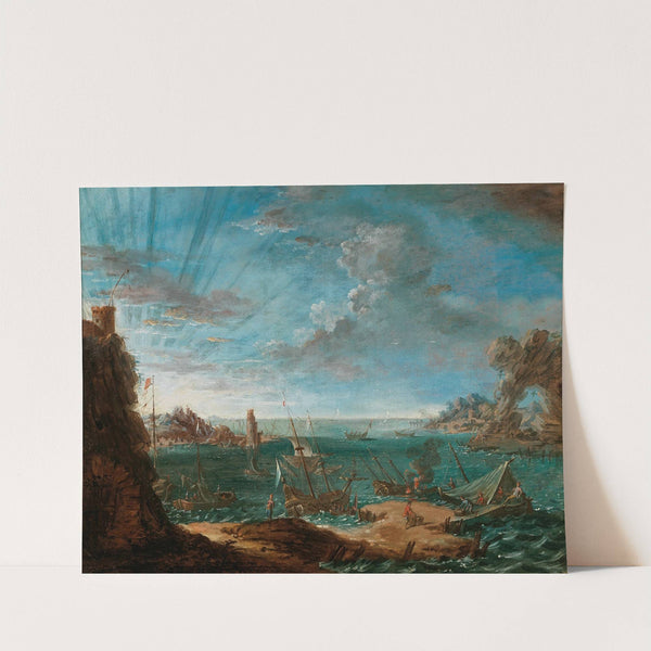 A coastal landscape with ships and figures by Lodovico Mattioli