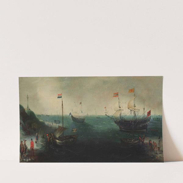 A coastline with ships and figures on the shore by Cornelis Claesz. van Wieringen