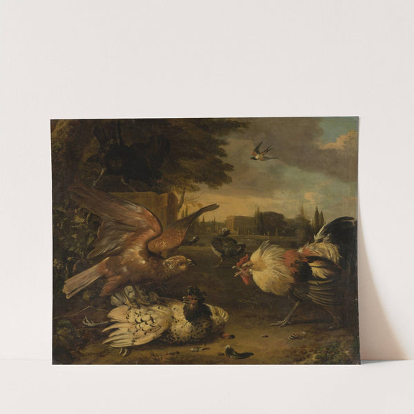 A Cock Defends a Hen from an Attacking Bird of Prey (ca 1680-1690) by Melchior d'''Hondecoeter
