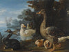 A Cockerel, Hens, Doves And A Parrot In A formal Garden Setting