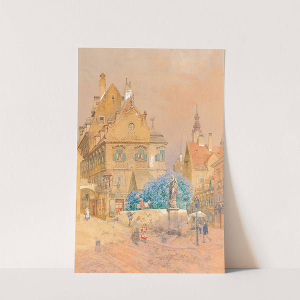 A corner of a street with a lilac bush and the statue of a Madonna by Franz Kopallik