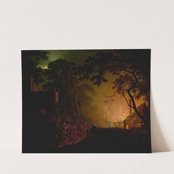 A cottage on fire at night by Joseph Wright of Derby