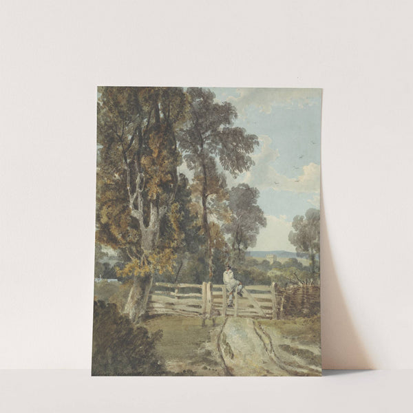 A Country Lane with a Farm Labourer Climbing a Five-bar Gate by George Delamotte