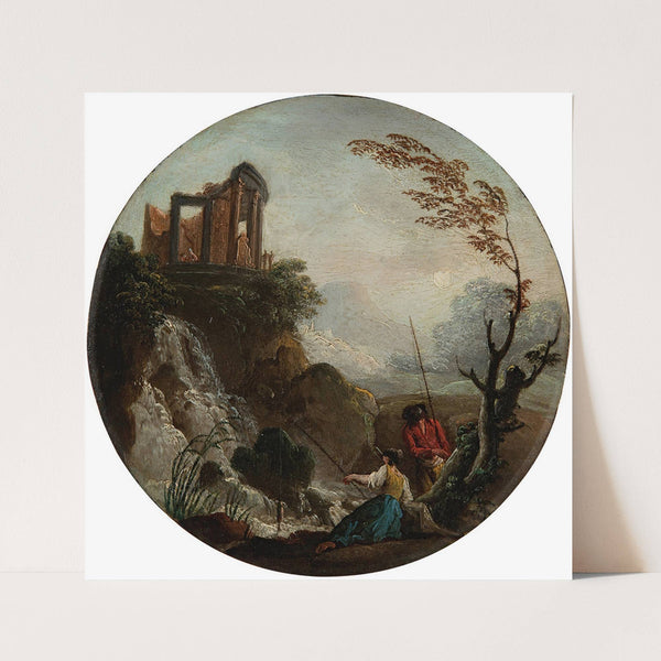 A couple fishing at the base of a waterfall, with ruins above by Charles-François Grenier De Lacroix