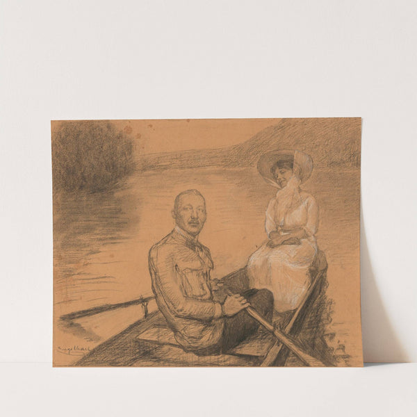 A couple in a row boat by Josef Engelhart