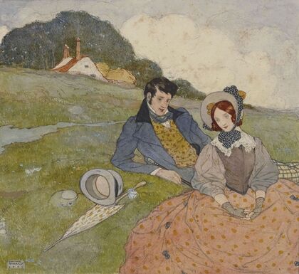 A couple seated in a rural landscape