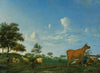 A cow, sheep and goats in a meadow with a shepherd asleep