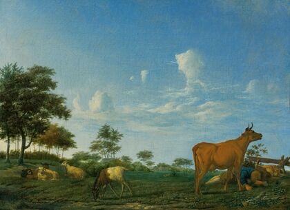 A cow, sheep and goats in a meadow with a shepherd asleep