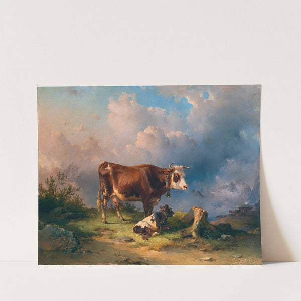 A Cow with a Calf in an Alpine Pasture, in the Background the Dachstein massif by Edmund Mahlknecht