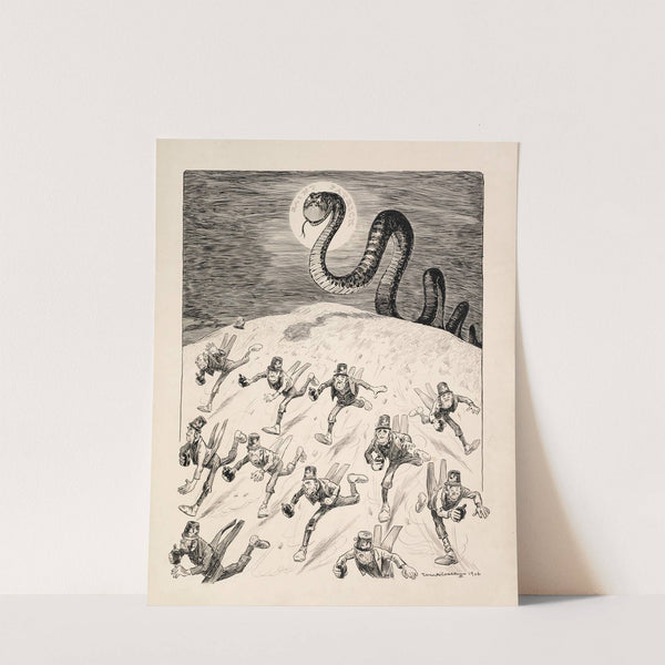 A crowd of leprechauns, each holding a bottle of alcohol, run from a large snake representing Saint Patrick and are chased out of Ireland (1911) by William Henry Walker