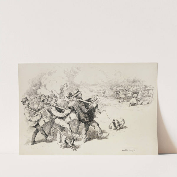A crowd of organ grinders with monkeys causes a group of Middle Eastern men to flee or collapse, covering their ears. (1896) by William Henry Walker