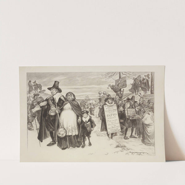 A crowd of people dressed as pilgrims walk inland, with a ship in the background (1900) by William Henry Walker