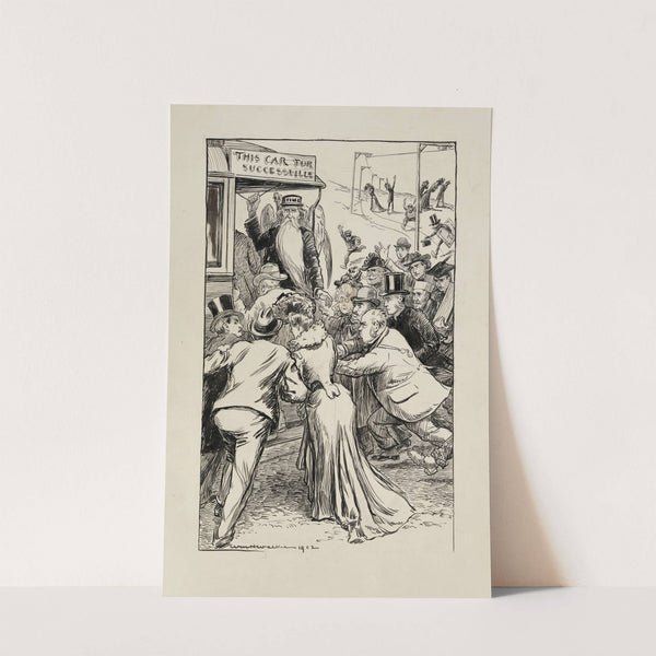 A crowd of wealthy men and women push to get on a train headed to ‘successville’ (1902) by William Henry Walker