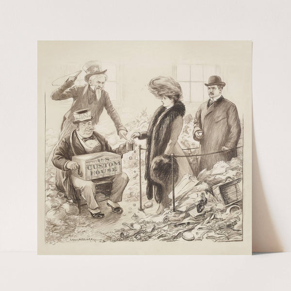 A crying woman and angry man are forced by Uncle Sam to put money into the cup of a beggar (1904) by William Henry Walker