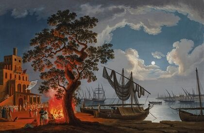 A customs house, with dancers and musicians next to a fire, boats in a bay beyond (1780)