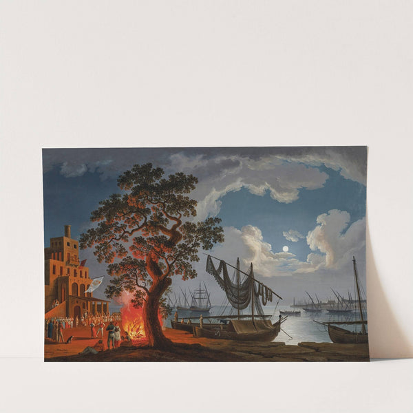 A customs house, with dancers and musicians next to a fire, boats in a bay beyond (1780) by Jacob Philipp Hackert