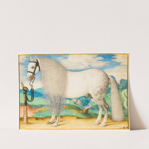 A Dappled Grey Stallion Tethered In A Landscape by Prague School