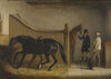 A Dark Bay And A Chestnut Hunter with A Huntsman And other Figures In A Stable