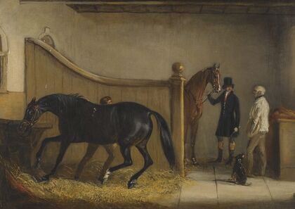 A Dark Bay And A Chestnut Hunter with A Huntsman And other Figures In A Stable