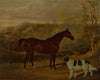 A dark bay hunter and a standing spaniel in the park at Harewood (1830)