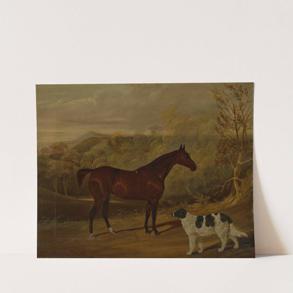 A dark bay hunter and a standing spaniel in the park at Harewood (1830) by David Dalby Of York